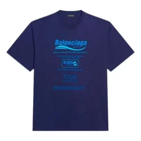 Men”s Balenciaga FW21 Dry Cleaning Alphabet Printing Retro Knit Short Sleeve Navy Blue 651795TKVF83866