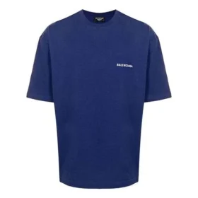 Men”s Balenciaga FW21 Logo Round Neck Pullover Short Sleeve Blue 612966TIVG53967