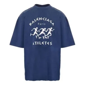 Men”s Balenciaga SS21 Running Pattern Printing Logo Loose Short Sleeve Blue 641614TJVK64866 Men”s Balenciaga SS21 Running Pattern Printing Logo Loose Short Sleeve Blue 641614TJVK64866