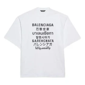 Men”s Balenciaga Word Printing Round Neck Pullover Short Sleeve White 641614TJVI39040