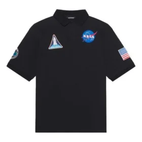 Men”s Balenciaga x NASA Crossover FW21 Space Printing Cotton Solid Color Polo Shirt Black 662493TKVG11070