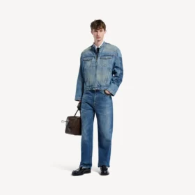 Men’s squeeze denim motorcycle jacket in dark blue
