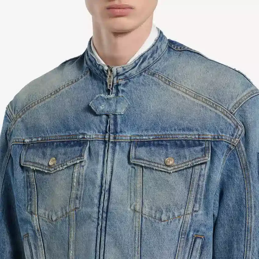 Men’s squeeze denim motorcycle jacket in dark blue Men’s squeeze denim motorcycle jacket in dark blue